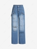 Strap Decorated Patched Pockets Wide Leg Jeans M Blue