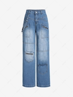 Strap Decorated Patched Pockets Wide Leg Jeans S Blue