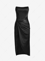 Strapless Corset-detail Satin Twist Front Slit Dress M Black