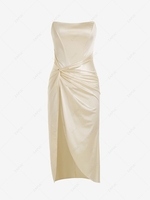 Strapless Corset-detail Satin Twist Front Slit Dress S Light coffee