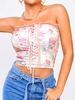 Strapless Floral Mesh Trim Lace-up Corset Top M Light pink