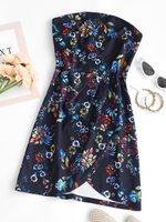 Strapless Flower Print Overlap Mini Dress Xs Deep blue