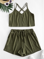 Strappy Criss Cross Tie Waist Two Piece Set L Army green