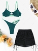Strappy Cut Out Bikini Set With Mesh Sheer Cinched Cover Up Shorts Three Piece Green