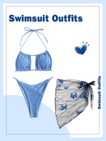 Strappy Cut Out High Leg Crinkle Bikini with Lace Butterfly Applique Sarong Skirt Blue