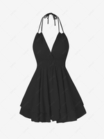 Strappy Halter Backless Layered Mini Dress L Black