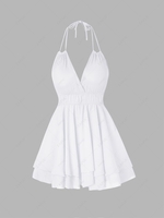 Strappy Halter Backless Layered Mini Dress L White