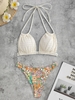 Strappy Halter Textured Ribbed Floral Print Bikini Swimwear Light yellow