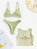 Strappy High Cut Textured O-ring Bikini Swimwear With Sun Letter Embroidered Ribbed Tank Top Light green