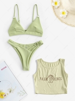 Strappy High Cut Textured O-ring Bikini Swimwear With Sun Letter Embroidered Ribbed Tank Top Light green