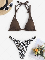 Strappy Leopard Thong Bikini Swimwear Deep coffee