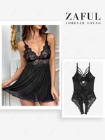 Strappy Sheer Lace Harness Crotchless Lingerie Teddy with Nightwear Dress Chemise Black