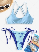 Strappy Tie Dye Print Reversible High Cut Tanga Bikini Swimwear Light blue