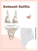Strappy Ties Silky Floss Bikini with Tie Side Beach Sarong Light coffee