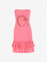 Strawberry Mouse Print Flounce Hem Mini Tube Dress S Light pink