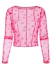 Strawberry Print Topstitching Sheer Mesh Top Light pink