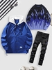 Streetwear 3 PC Set Hooded Windbreaker Jacket Flame Graphic Sweater Splatter Drippy Jeans Blue