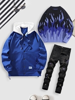 Streetwear 3 PC Set Hooded Windbreaker Jacket Flame Graphic Sweater Splatter Drippy Jeans Blue