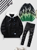 Streetwear 3 PC Set Hooded Windbreaker Jacket Flame Graphic Sweater Splatter Drippy Jeans Deep green