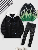 Streetwear 3 PC Set Hooded Windbreaker Jacket Flame Graphic Sweater Splatter Drippy Jeans Deep green