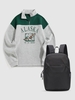 Streetwear ALASKA Eagle Graphic Colorblock Fleece Quarter Zip Sweatshirt with Waterproof Travel Backpack Black
