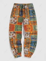 Streetwear Bohemian Baggy Patternblock Hippie Drawstring Jogger Pants 2xl Orange
