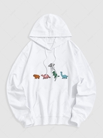 Streetwear Cartoon Dinosaur Print Kangaroo Pocket Hoodie L White