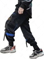 Streetwear Drawstring Applique Detail Contrast Cargo Techwear Pants L Blue