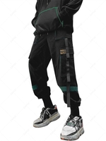 Streetwear Drawstring Applique Detail Contrast Cargo Techwear Pants L Deep green