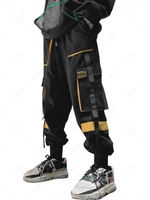 Streetwear Drawstring Applique Detail Contrast Cargo Techwear Pants L Yellow