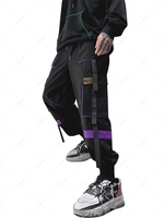 Streetwear Drawstring Applique Detail Contrast Cargo Techwear Pants M Purple