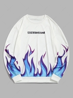 Streetwear Flame Letter Print Crew Neck Sweatshirt L White