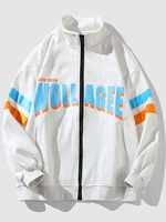 Streetwear Flocking-lined Contrasting Letter Graphic Stripe Zip Jacket 2xl White
