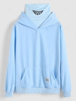 Streetwear Kangaroo Pocket Letter Applique Double Collar Hoodie L Blue
