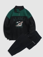 Streetwear Letter Graphic Eagle Printed Colorblock Fleece Quarter Zip Beam Feet Pants Set Black