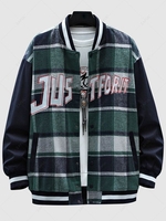 Streetwear Letter Graphic Plaid Spliced Baseball Varsity Jacket M Deep green