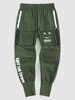 Streetwear Letter Print Graphic Applique Cargo Techwear Pants L Deep green
