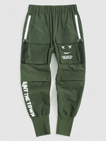 Streetwear Letter Print Graphic Applique Cargo Techwear Pants L Deep green