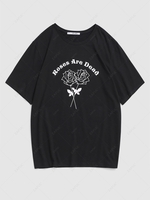 Streetwear Letter Rose Flower Print Graphic T-shirt L Black