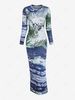 Streetwear Long Sleeves Abstract Map Print Sheath Maxi Dress L Blue