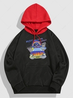 Streetwear Music Car Graphic Fleece-lined Colorblock Hoodie 2xl Black