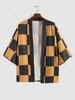 Streetwear Plaid Print Short Sleeve kimono Shirt L Yellow