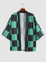 Streetwear Plaid Print Short Sleeve kimono Shirt S Sea turtle green