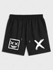 Streetwear Square Face Print Casual Drawstring Shorts M Black