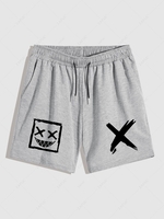 Streetwear Square Face Print Casual Drawstring Shorts M Light gray