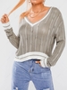 Striped Trim Cable Knit Drop Shoulder Sweater L Light coffee