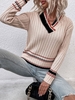 Striped Trim Drop Shoulder Wide Rib Sweater M Light pink