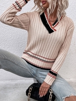 Striped Trim Drop Shoulder Wide Rib Sweater S Light pink