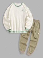 Striped Trim Fleece New York Embroidered Sweatshirt and Drawstring Cargo Pants Set Multi a