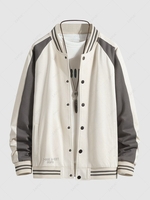 Striped Two Tone Snap Button Graphic Baseball Varsity Jacket M Warm white